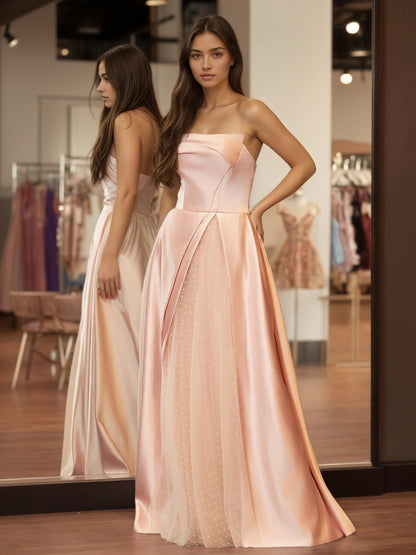 Sevoba | Sleeveless Satin A-Line Floor-Length Evening Gown Slit with Tulle Strapless Prom Dress