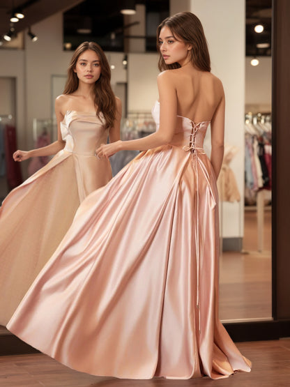 Sevoba | Sleeveless Satin A-Line Floor-Length Evening Gown Slit with Tulle Strapless Prom Dress
