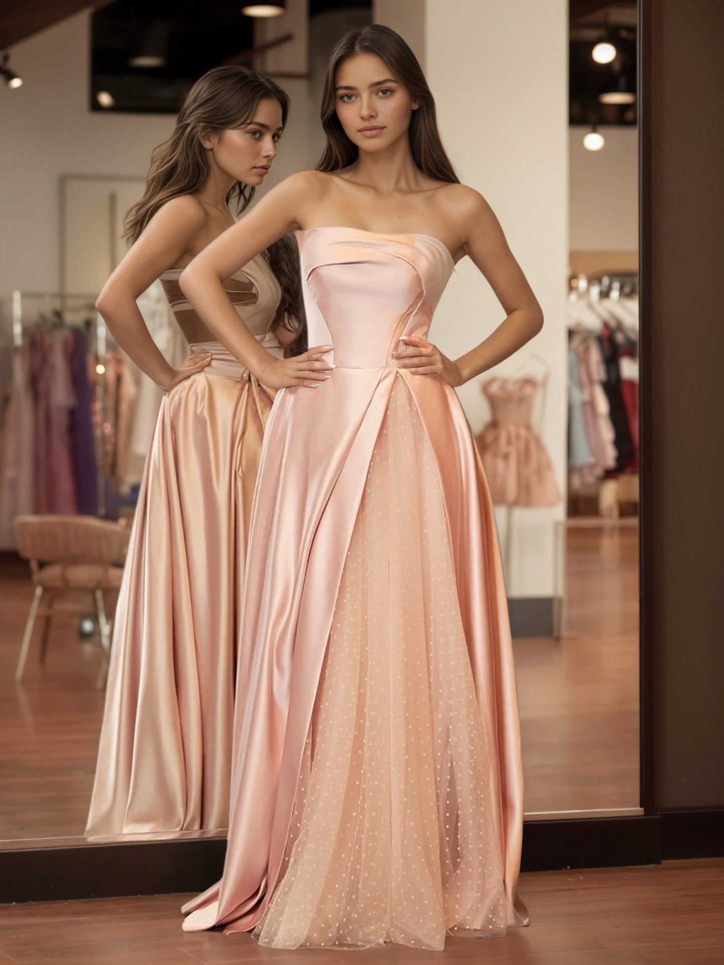 Sevoba | Sleeveless Satin A-Line Floor-Length Evening Gown Slit with Tulle Strapless Prom Dress