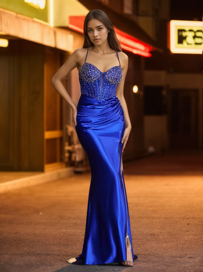 Sevoba | Spaghetti Strap Beaded Pleated Fitted Maxi Dress with High Slit Royal Blue
