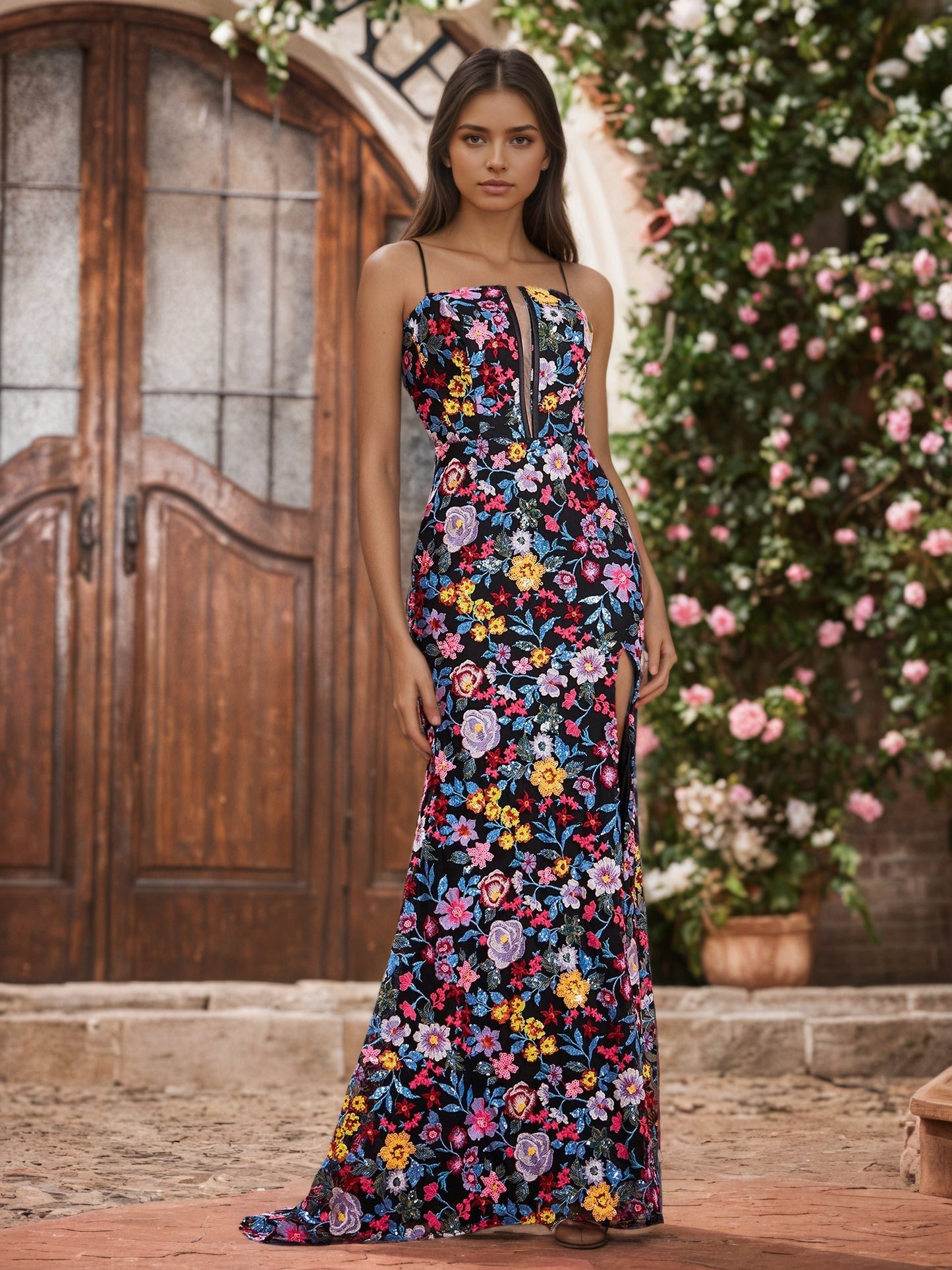 Sevoba | Spaghetti Straps Floral Embroidered Black Lining Prom Dresses With Slit As Picture
