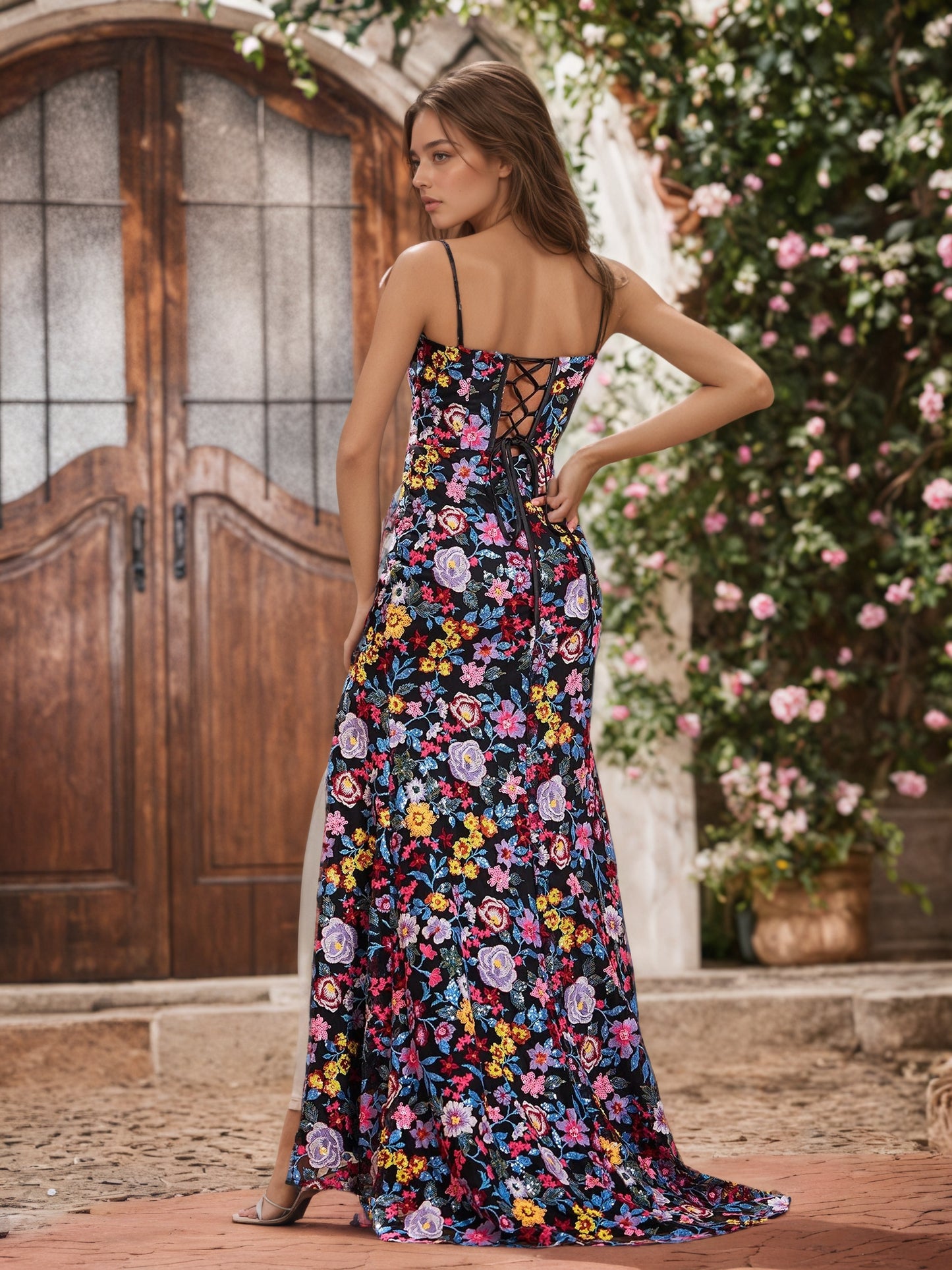 Sevoba | Spaghetti Straps Floral Embroidered Black Lining Prom Dresses With Slit As Picture