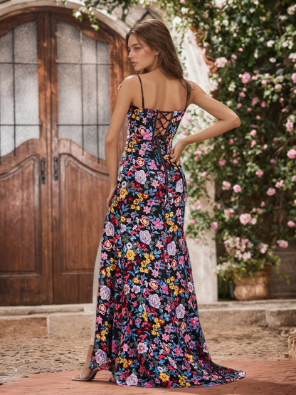 Sevoba | Spaghetti Straps Floral Embroidered Black Lining Prom Dresses With Slit As Picture