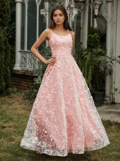 Sevoba | Spaghetti Straps Lace-up Flowers Appliqued Prom Dress Coral