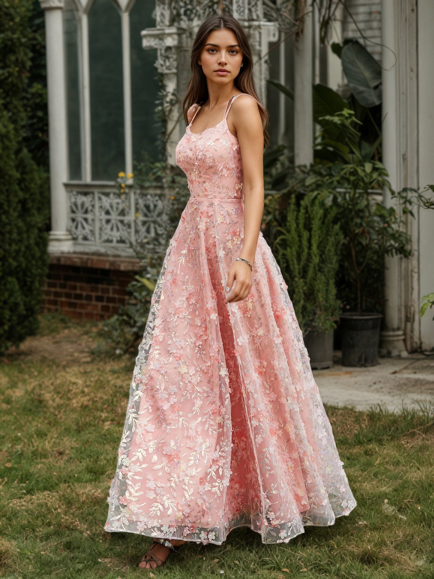 Sevoba | Spaghetti Straps Lace-up Flowers Appliqued Prom Dress Coral