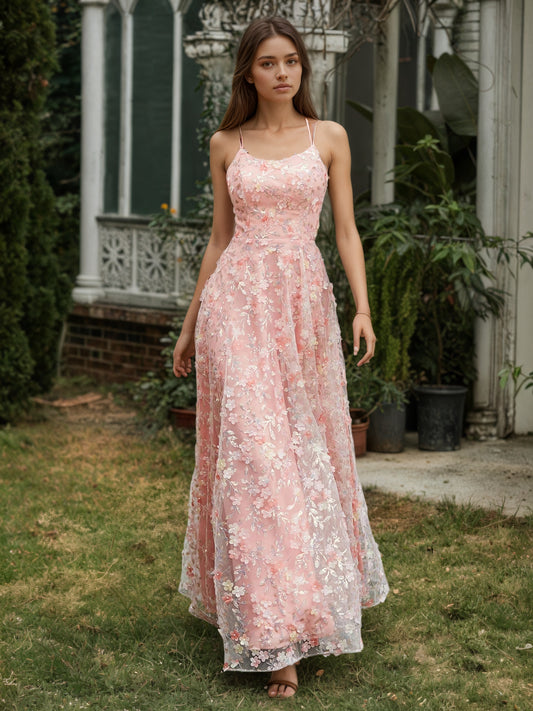 Sevoba | Spaghetti Straps Lace-up Flowers Appliqued Prom Dress Coral