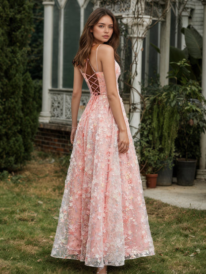 Sevoba | Spaghetti Straps Lace-up Flowers Appliqued Prom Dress Coral