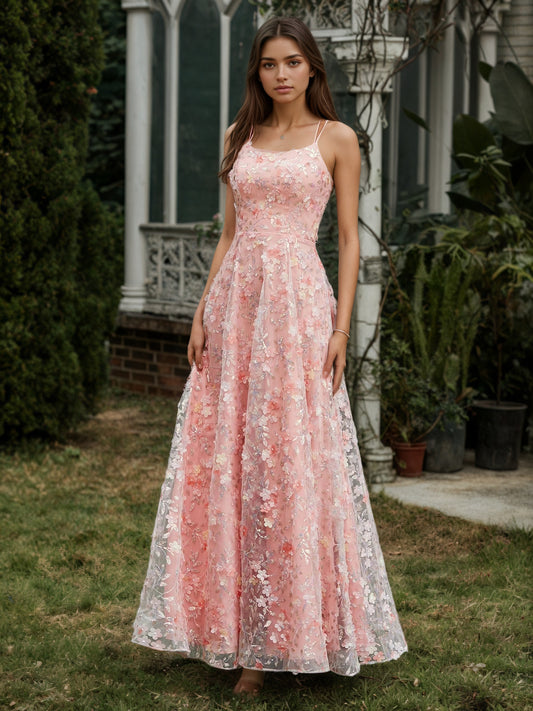 Sevoba | Spaghetti Straps Lace-up Flowers Appliqued Prom Dress Coral