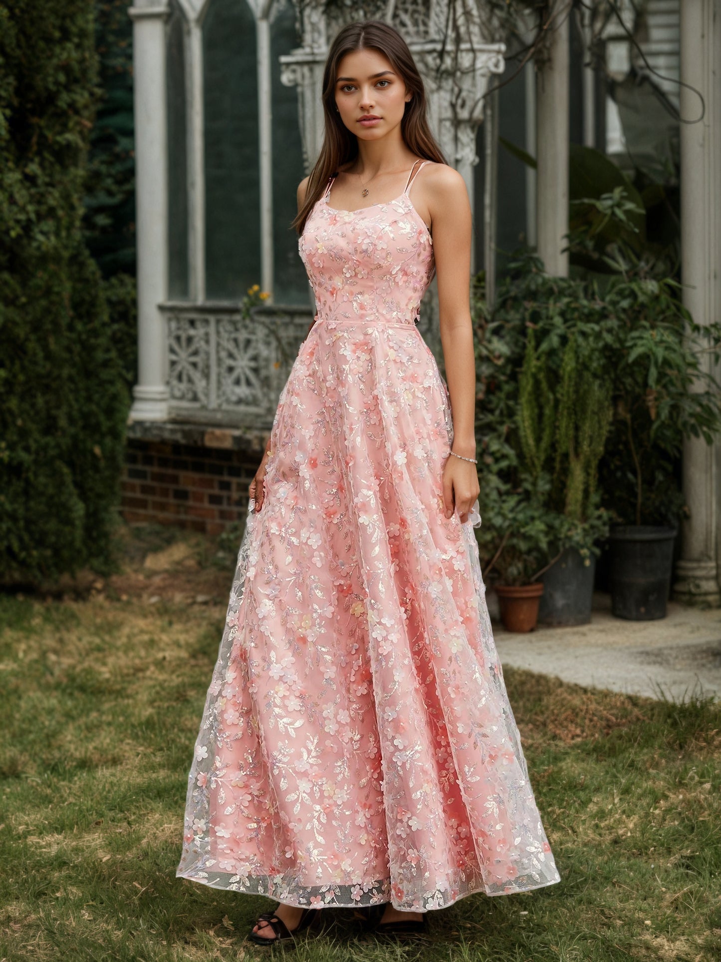 Sevoba | Spaghetti Straps Lace-up Flowers Appliqued Prom Dress Coral