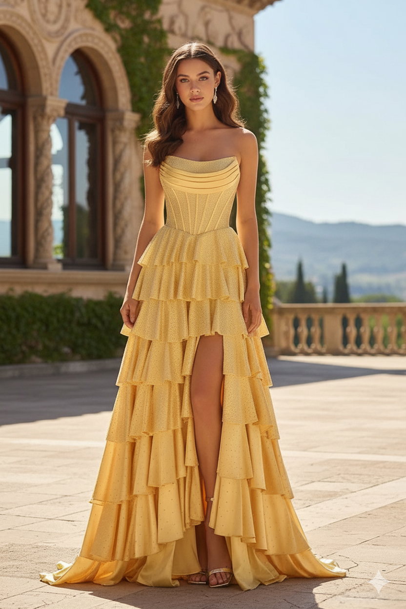 Sevoba|Sparkly A Line Strapless Beading Tiered Long Prom Dress With Slit