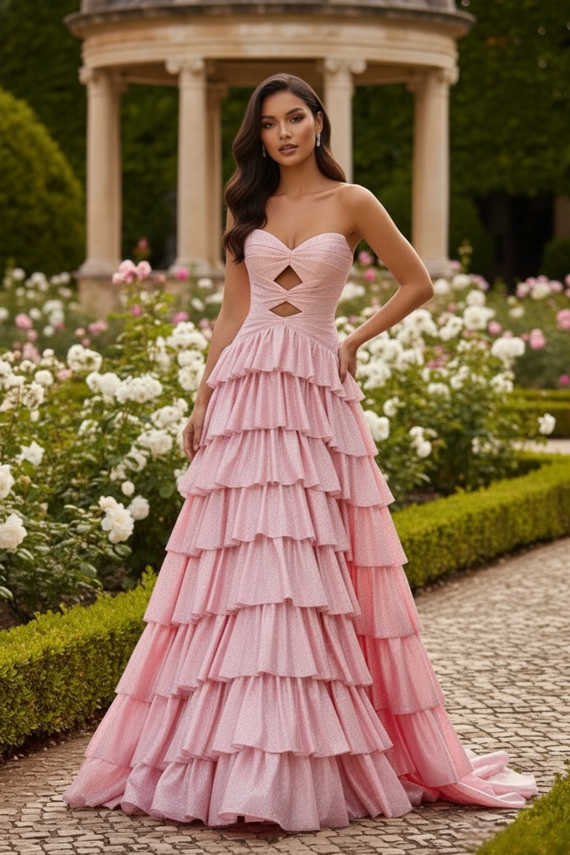 Sevoba|Sparkly A Line Sweetheart Keyhole Beaded Tiered Long Prom Dress With Slit