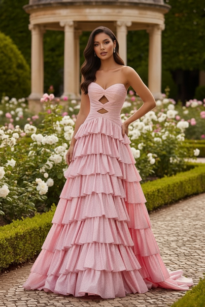 Sevoba|Sparkly A Line Sweetheart Keyhole Beaded Tiered Long Prom Dress With Slit