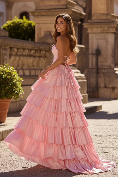 Sevoba|Sparkly A Line Sweetheart Keyhole Beaded Tiered Long Prom Dress With Slit