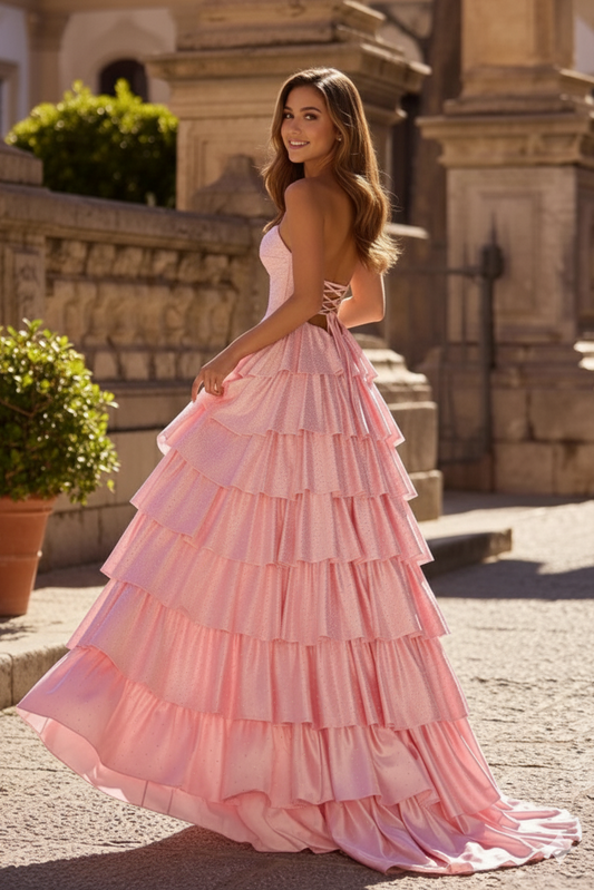 Sevoba|Sparkly A Line Sweetheart Keyhole Beaded Tiered Long Prom Dress With Slit