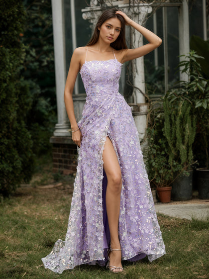 Sevoba | Square Neckline Sweep Train Floral Dress With Slit Lilac