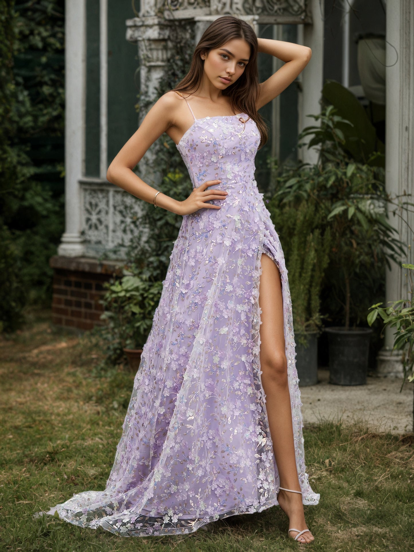 Sevoba | Square Neckline Sweep Train Floral Dress With Slit Lilac