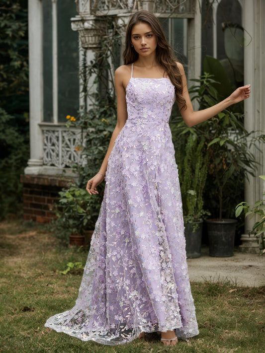 Sevoba | Square Neckline Sweep Train Floral Dress With Slit Lilac