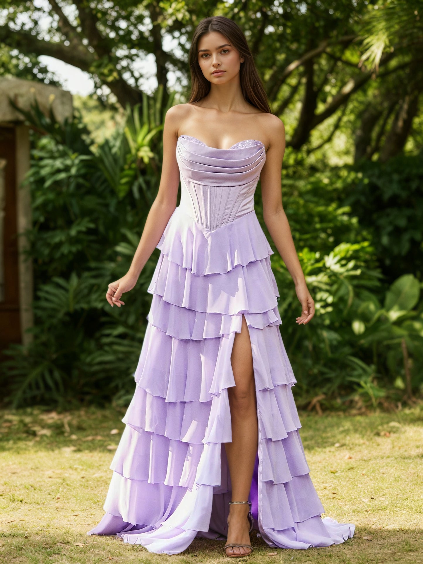 Sevoba | Strapless Corset Ruffled Maxi Dress Lilac