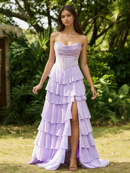 Sevoba | Strapless Corset Ruffled Maxi Dress Lilac