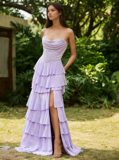 Sevoba | Strapless Corset Ruffled Maxi Dress Lilac