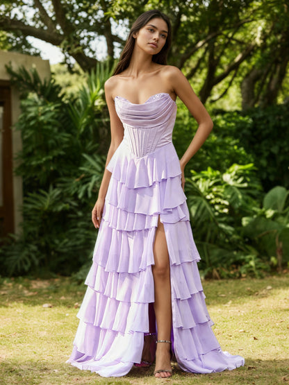 Sevoba | Strapless Corset Ruffled Maxi Dress Lilac
