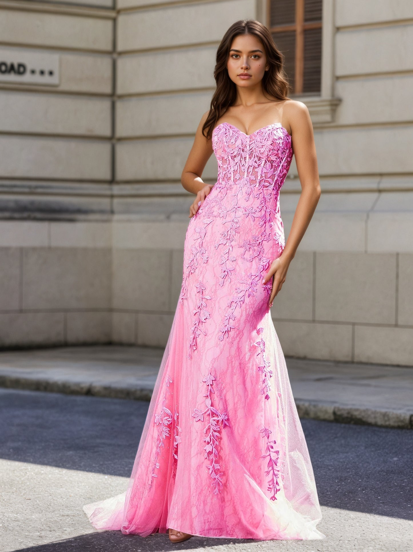 Sevoba | Strapless Lace Up Back Mermaid Tulle Gown Pink