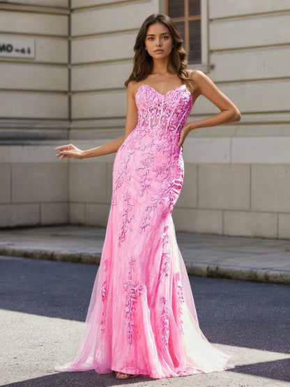 Sevoba | Strapless Lace Up Back Mermaid Tulle Gown Pink