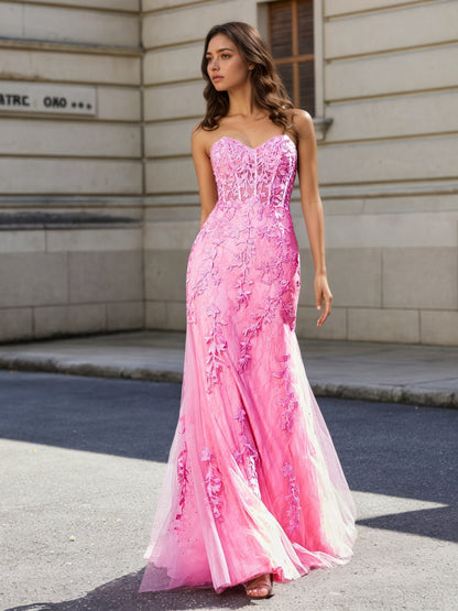 Sevoba | Strapless Lace Up Back Mermaid Tulle Gown Pink