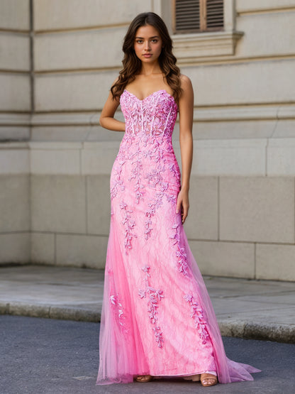 Sevoba | Strapless Lace Up Back Mermaid Tulle Gown Pink