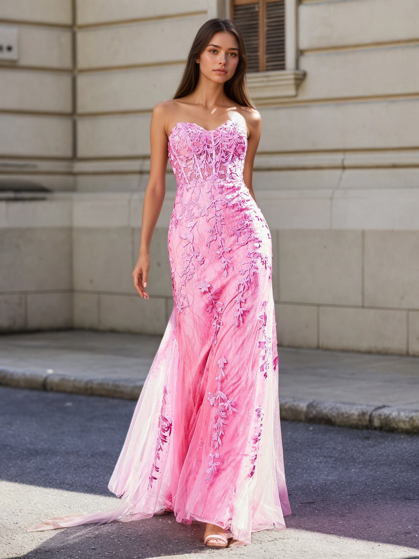 Sevoba | Strapless Lace Up Back Mermaid Tulle Gown Pink