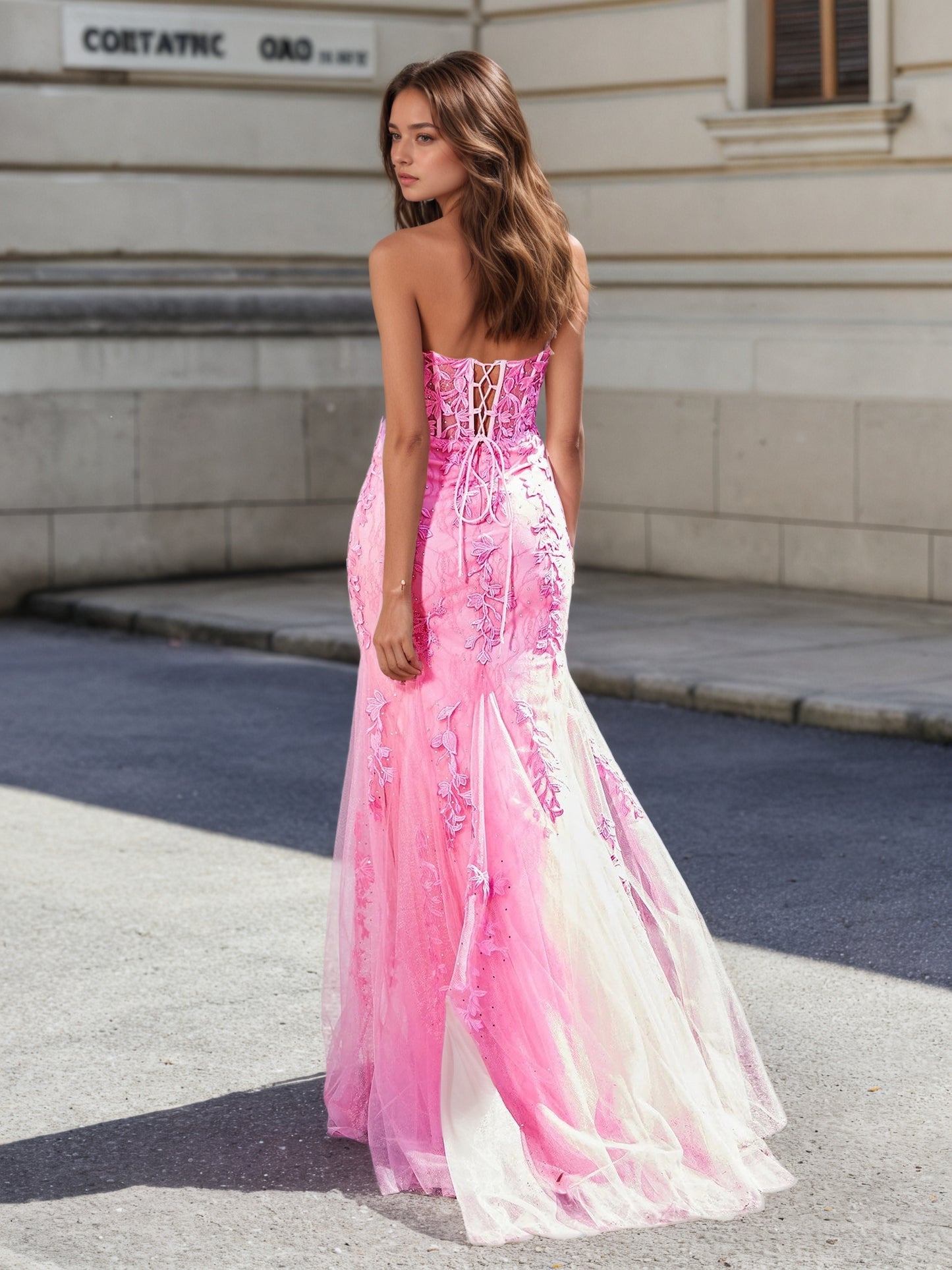 Sevoba | Strapless Lace Up Back Mermaid Tulle Gown Pink