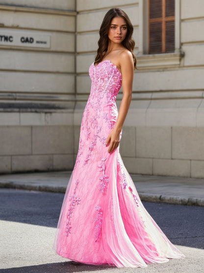Sevoba | Strapless Lace Up Back Mermaid Tulle Gown Pink