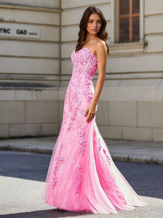 Sevoba | Strapless Lace Up Back Mermaid Tulle Gown Pink