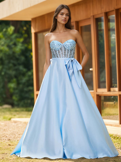 Sevoba | Strapless Sequin Corset Satin Maxi Dresses Sky Blue