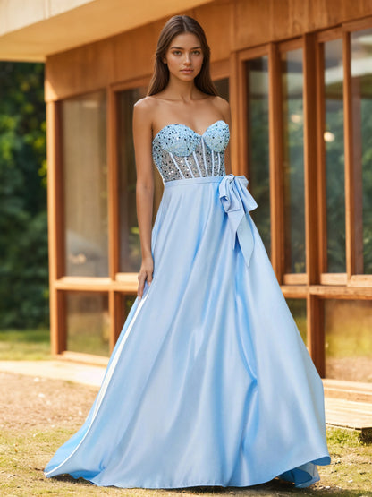 Sevoba | Strapless Sequin Corset Satin Maxi Dresses Sky Blue