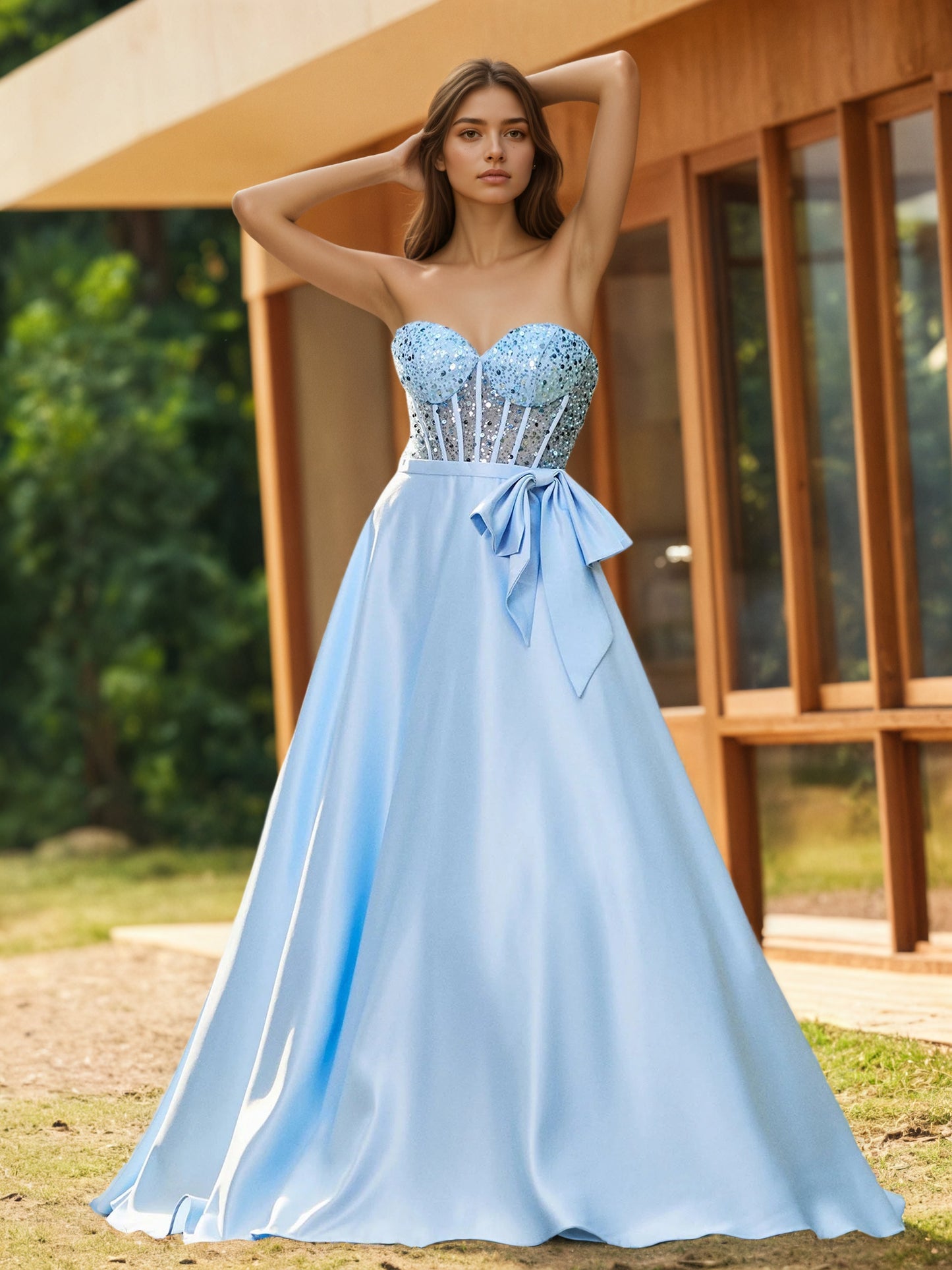 Sevoba | Strapless Sequin Corset Satin Maxi Dresses Sky Blue