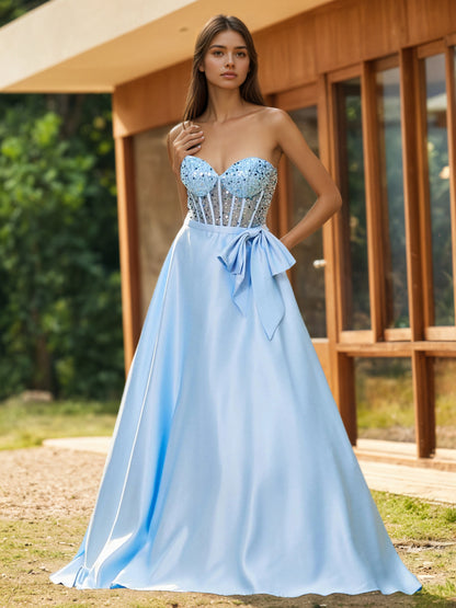 Sevoba | Strapless Sequin Corset Satin Maxi Dresses Sky Blue