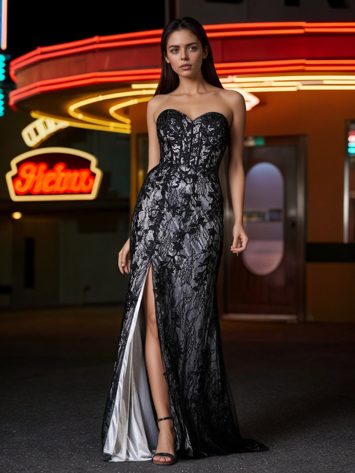 Sevoba | Strapless Sheath Tulle Dress With Slit Black