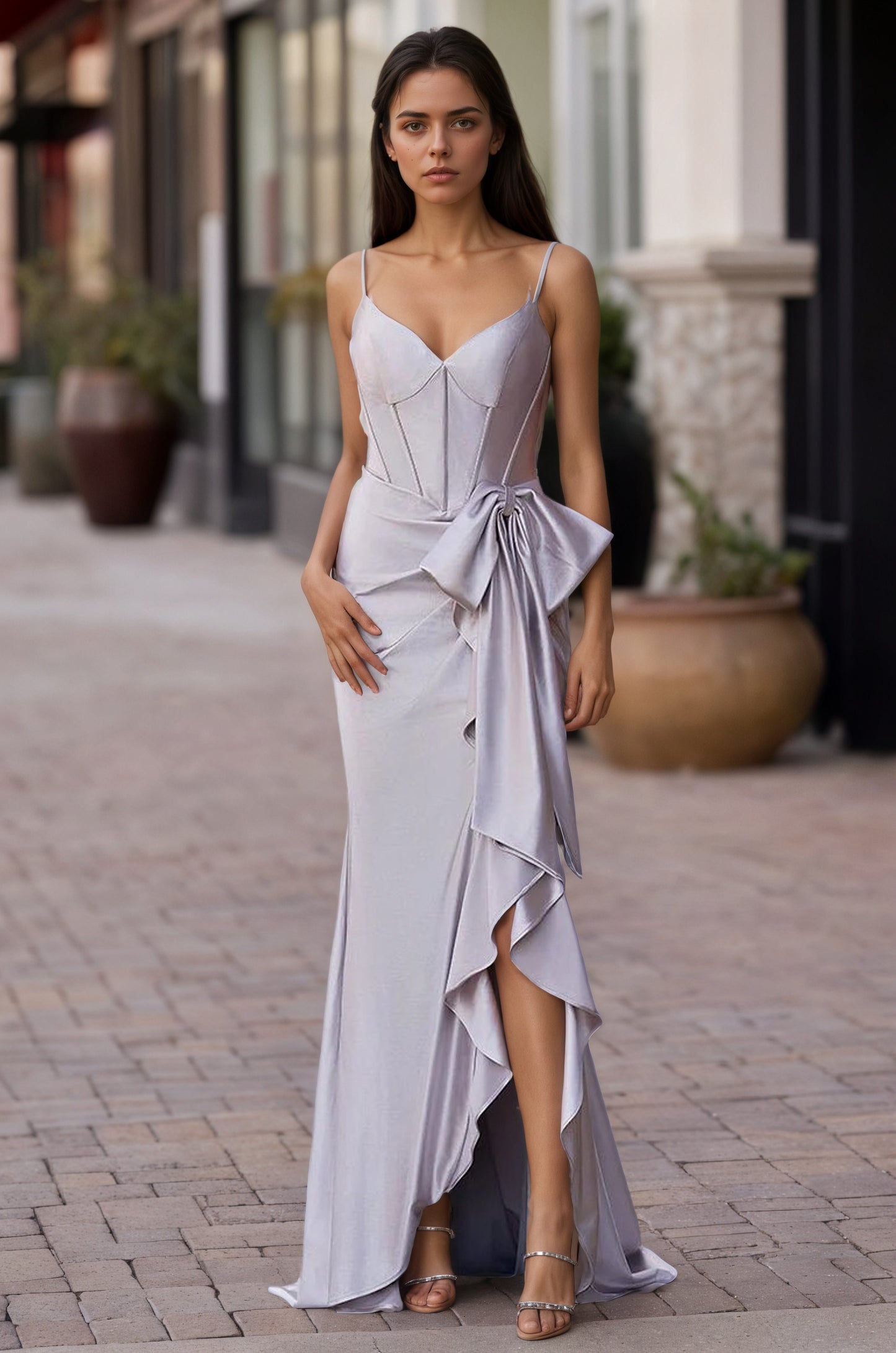 Sevoba | Straps V-Neck Satin Mermaid Prom Dress with Bow