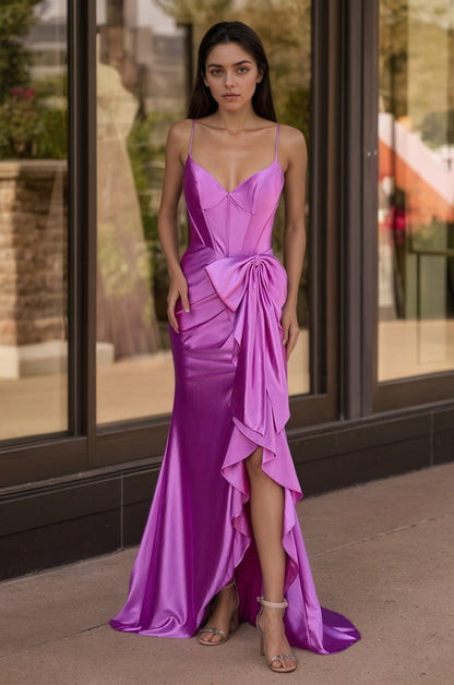 Sevoba | Straps V-Neck Satin Mermaid Prom Dress with Bow
