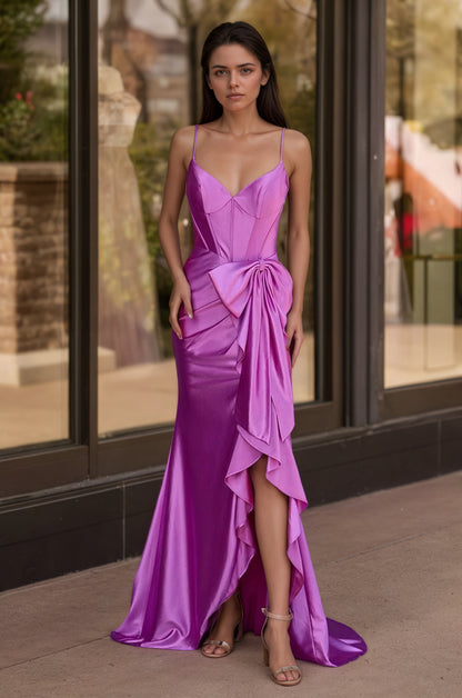 Sevoba | Straps V-Neck Satin Mermaid Prom Dress with Bow