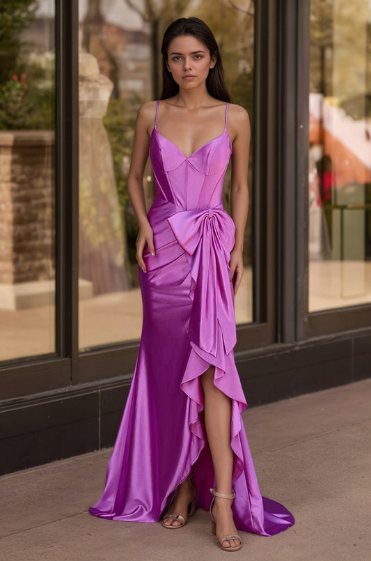 Sevoba | Straps V-Neck Satin Mermaid Prom Dress with Bow