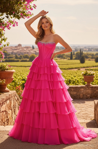 Sevoba|Stylish A Line Strapless Beading Ruffle Tiered Long Prom Dress With Slit