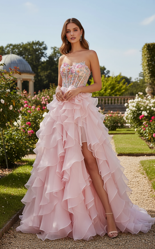 Sevoba|Stylish A Line Strapless Corset Sequin Appliques Ruffle Tiered Prom Dresses With Slit
