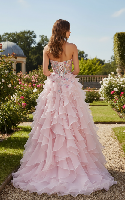 Sevoba|Stylish A Line Strapless Corset Sequin Appliques Ruffle Tiered Prom Dresses With Slit