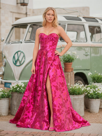 Sevoba|Stylish A Line Sweetheart Fuchsia Jacquard Satin Prom Dress