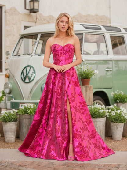 Sevoba|Stylish A Line Sweetheart Fuchsia Jacquard Satin Prom Dress