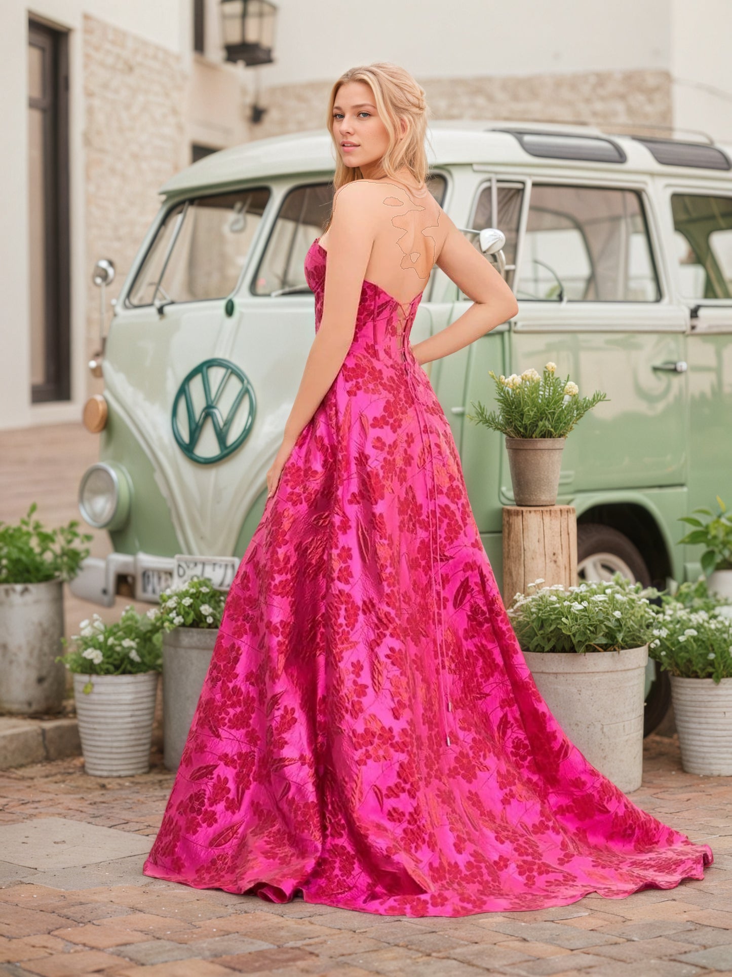 Sevoba|Stylish A Line Sweetheart Fuchsia Jacquard Satin Prom Dress