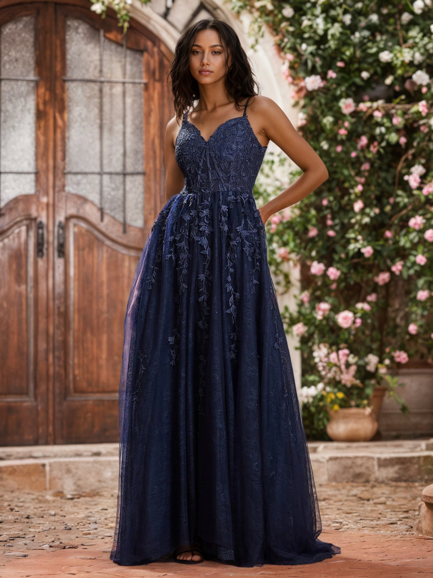 Sevoba | Sweep Train Tulle Dress With Slit Dark Navy