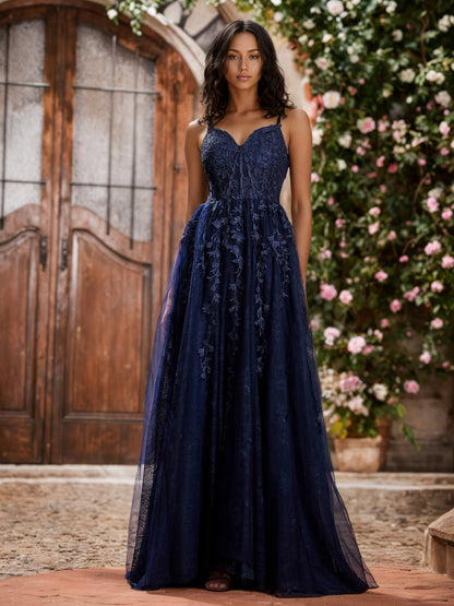 Sevoba | Sweep Train Tulle Dress With Slit Dark Navy